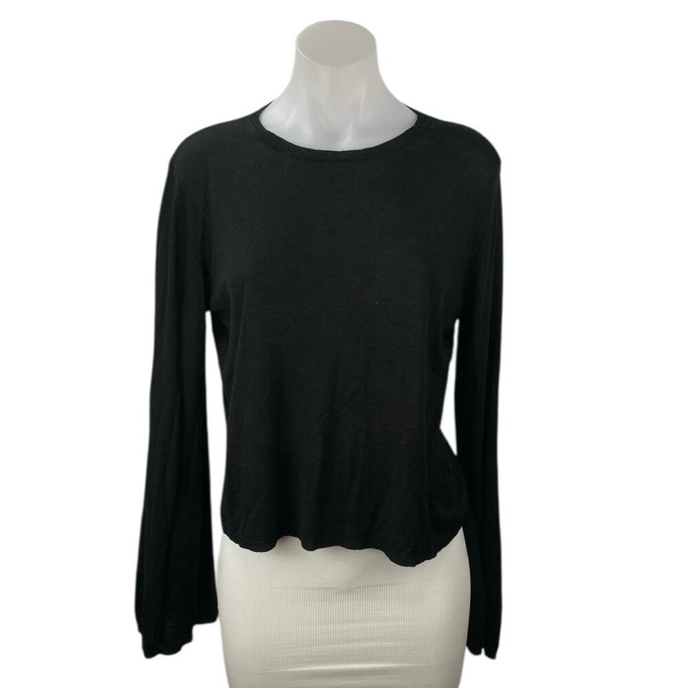 Mango Basics Womens Black Long Bell Sleeves Boxy Round Neck T Shirt Tee Top Sz S